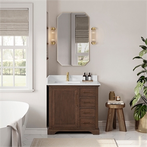 Tokyo 36&quot Single Bath Vanity in Aged Dark Brown Oak with Silk White Quartz Stone