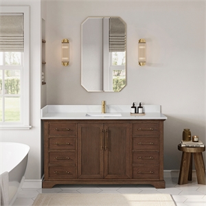 Tokyo 60&quot Single Bath Vanity in Aged Dark Brown Oak with Silk White Quartz Stone