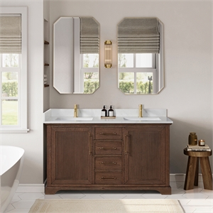 Tokyo 60&quot Double Bath Vanity in Aged Dark Brown Oak with Silk White Quartz Stone