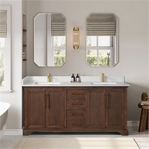 Tokyo 72&quot Double Bath Vanity in Aged Dark Brown Oak with Silk White Quartz Stone