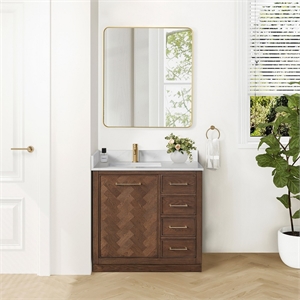 Jakarta 36&quot Bath Vanity in Aged Dark Brown Oak with Silk White Quartz Stone Top