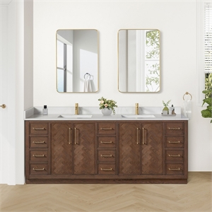 Jakarta 84&quot Bath Vanity in Aged Dark Brown Oak with Silk White Quartz Stone Top