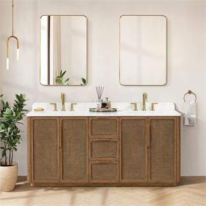 Busan 72&quot  Double Bath Vanity in Oak Classic Brown with  White Quartz Stone Top