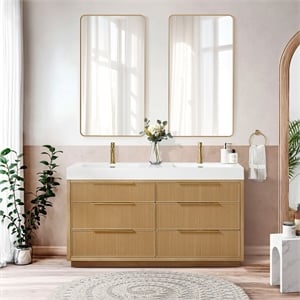 Hohhot 60&quot Double Bath Vanity in Washed Ash Grey with White Stone Top