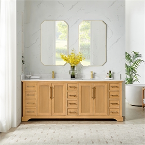 Tokyo 84&quot Double Bath Vanity in Oak Natural Brown with White Quartz Stone Top