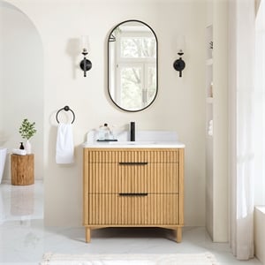 Mumbai 36&quot Single Vanity in Oak Weathering Light Brown with Composite Stone Top