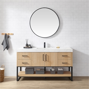 Kolkata 60&quot Single Sink Bath Vanity in Weathered Oak with Composite Stone Top