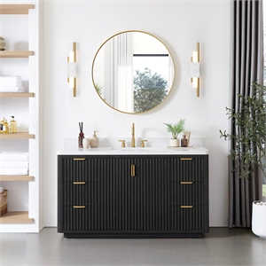 Cadiz 60&quot Single Bath Vanity in Fir Wood Black with Composite Stone Top & Mirror