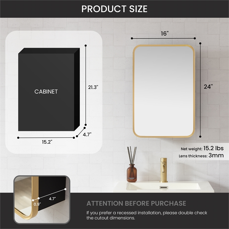 Talayuela 16 in.W x 24 in.H Aluminum Framed Medicine Cabinet in Brushed Gold