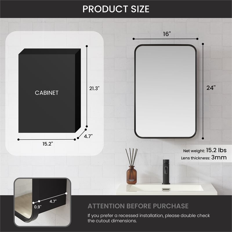 Talayuela 16 in.W x 24 in.H Aluminum Framed Medicine Cabinet in Brushed Black