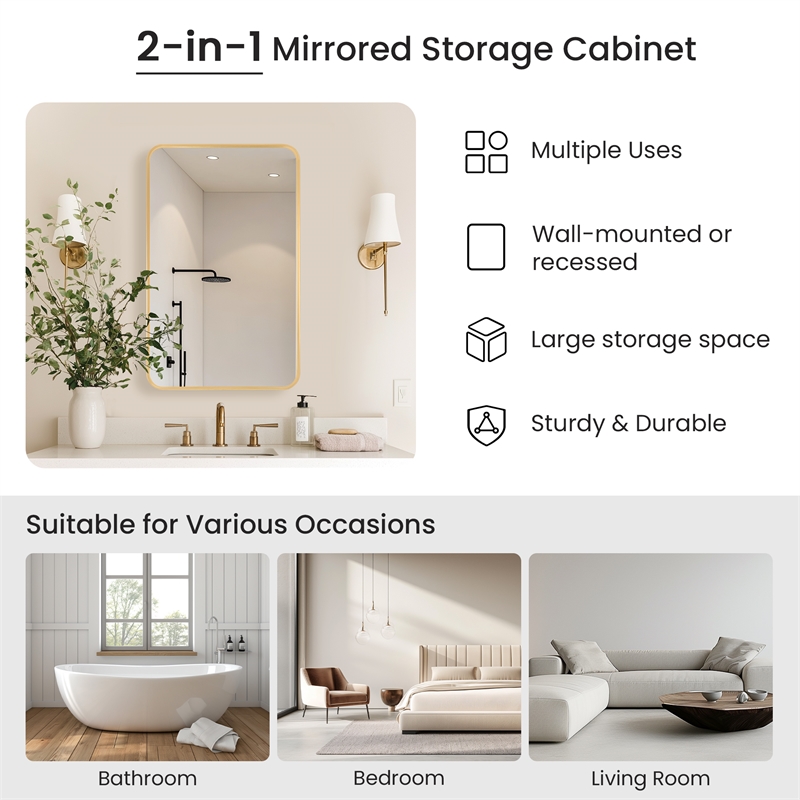 Talayuela 20 in.W x 32 in.H Aluminum Framed Medicine Cabinet in Brushed Gold