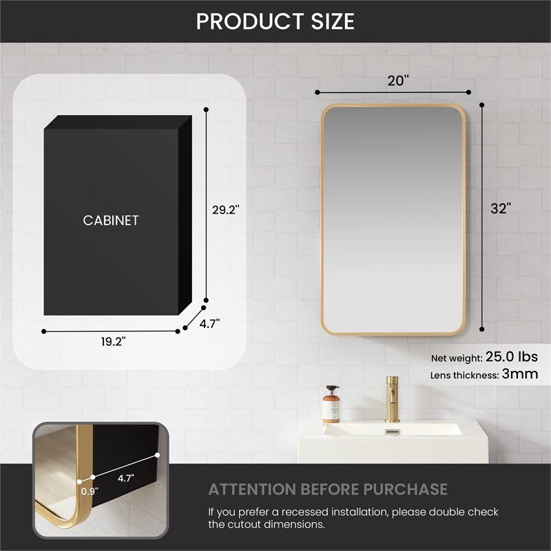 Talayuela 20 in.W x 32 in.H Aluminum Framed Medicine Cabinet in Brushed Gold