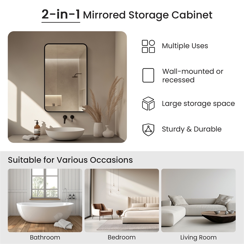 Talayuela 20 in.W x 32 in.H Aluminum Framed Medicine Cabinet in Brushed Black