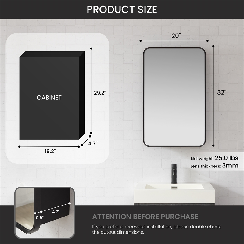 Talayuela 20 in.W x 32 in.H Aluminum Framed Medicine Cabinet in Brushed Black