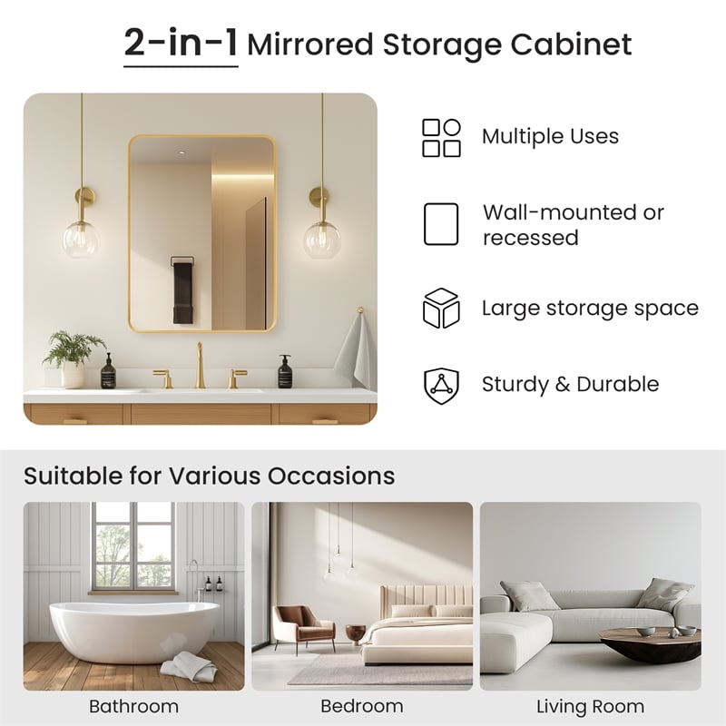 Talayuela 24 in.W x 32 in.H Aluminum Framed Medicine Cabinet in Brushed Gold