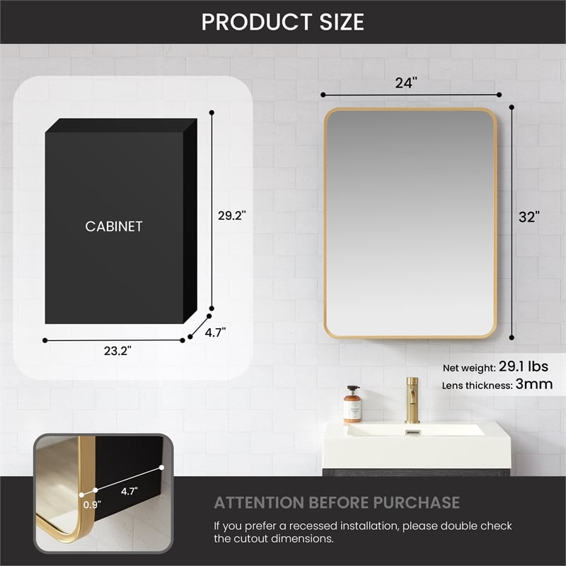 Talayuela 24 in.W x 32 in.H Aluminum Framed Medicine Cabinet in Brushed Gold