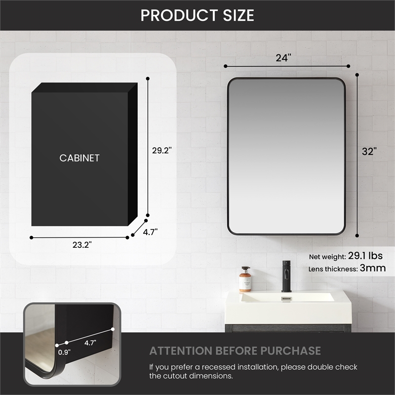 Talayuela 24 in.W x 32 in.H Aluminum Framed Medicine Cabinet in Brushed Black