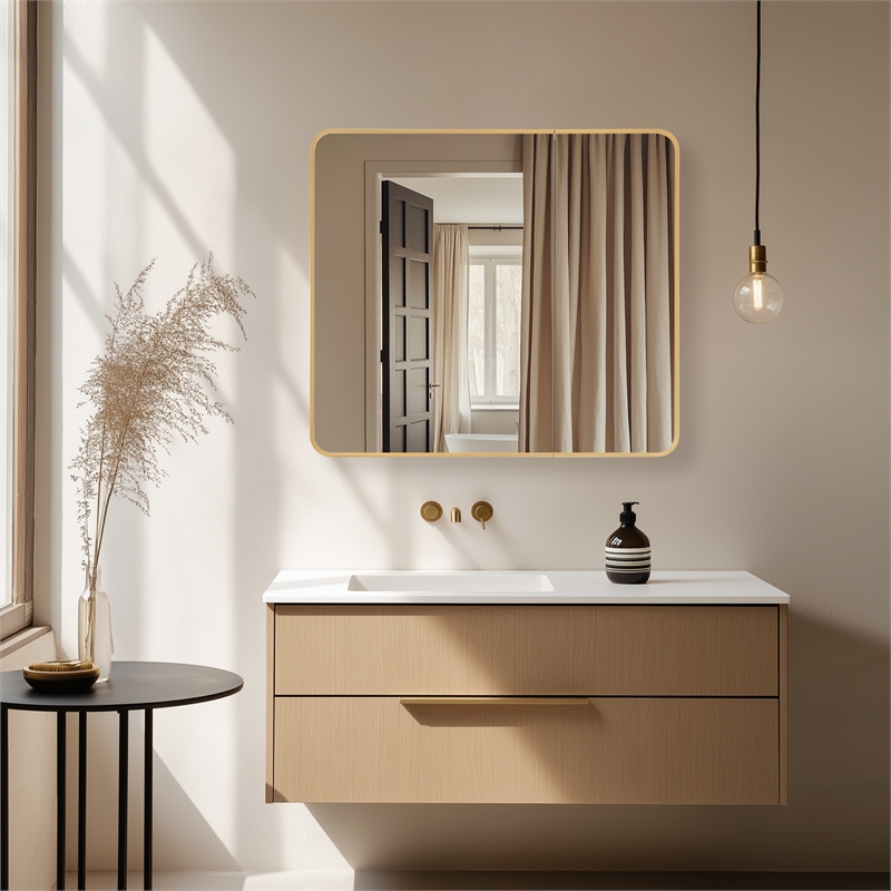 Talayuela 36 in.W x 32 in.H Aluminum Framed Medicine Cabinet in Brushed Gold