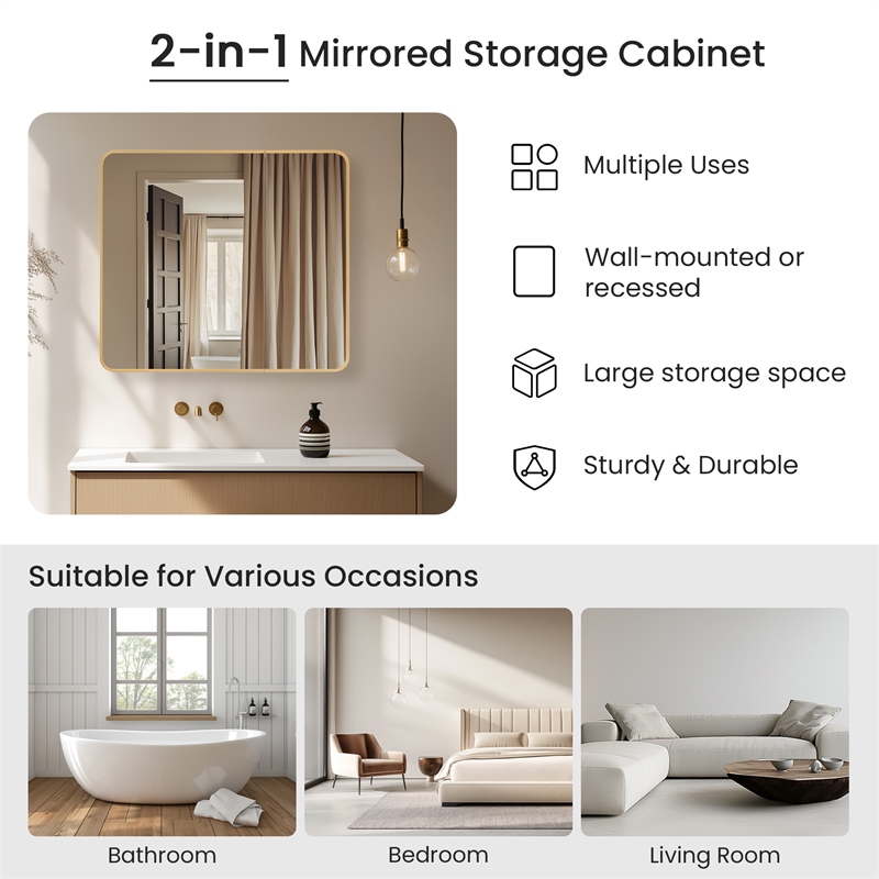 Talayuela 36 in.W x 32 in.H Aluminum Framed Medicine Cabinet in Brushed Gold