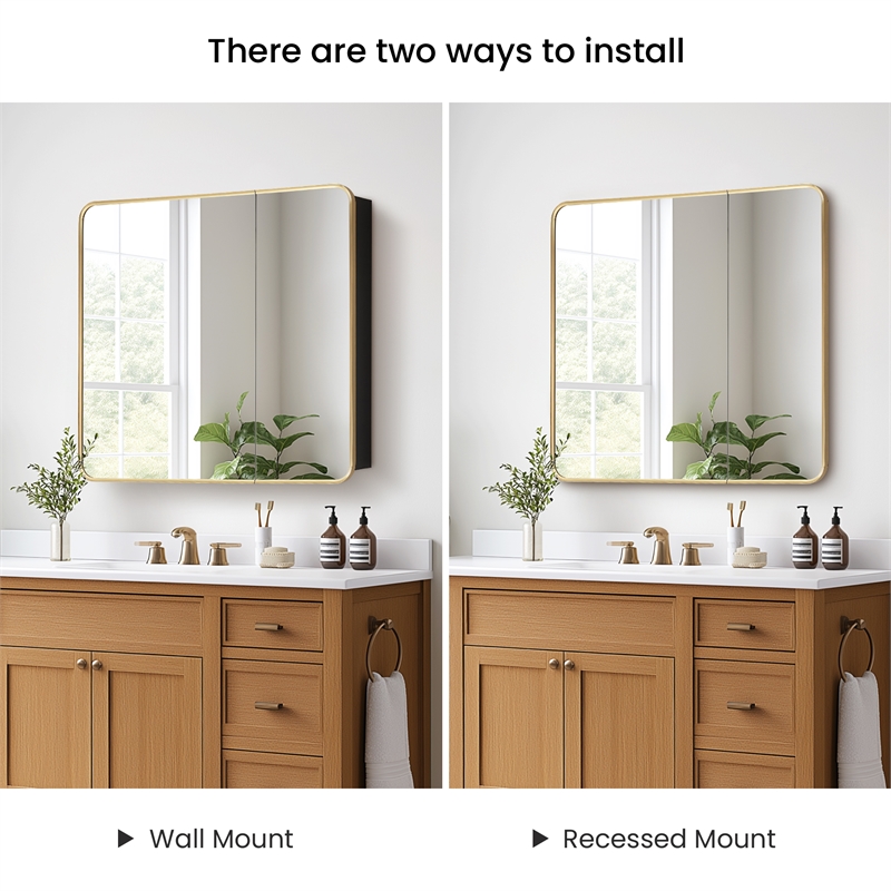 Talayuela 36 in.W x 32 in.H Aluminum Framed Medicine Cabinet in Brushed Gold