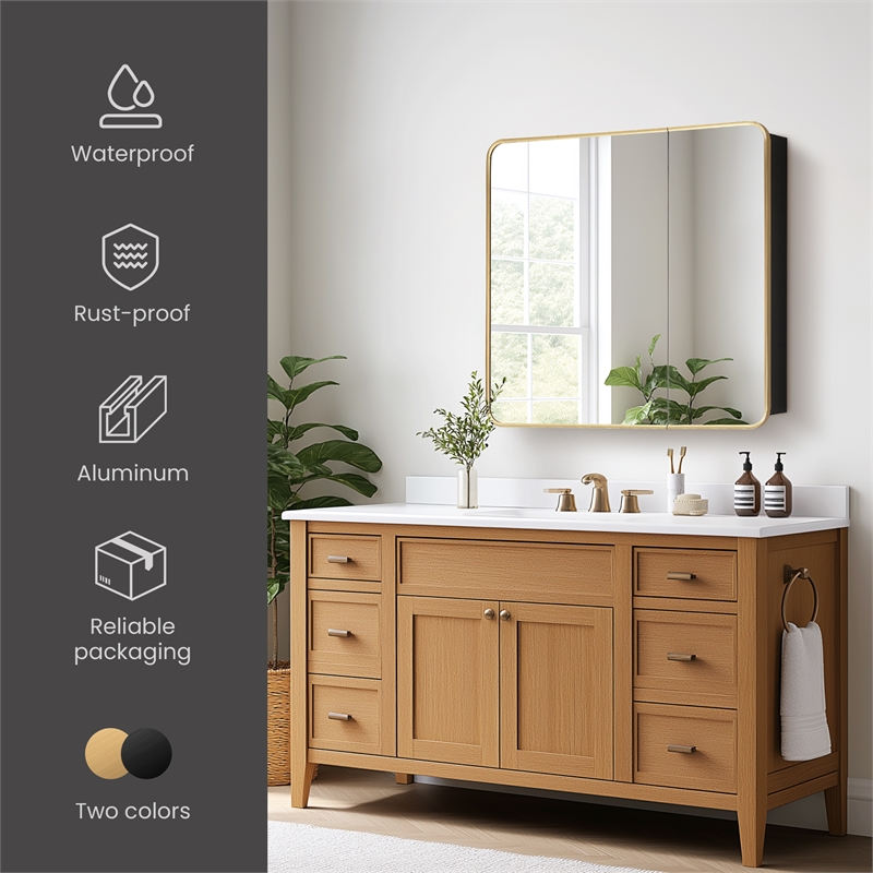 Talayuela 36 in.W x 32 in.H Aluminum Framed Medicine Cabinet in Brushed Gold