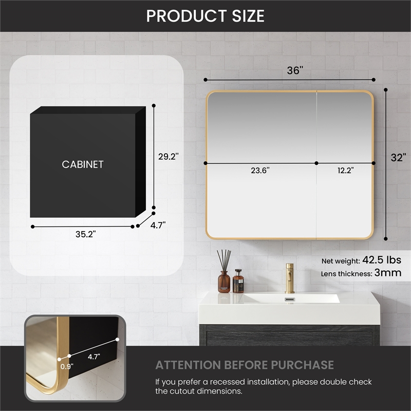 Talayuela 36 in.W x 32 in.H Aluminum Framed Medicine Cabinet in Brushed Gold