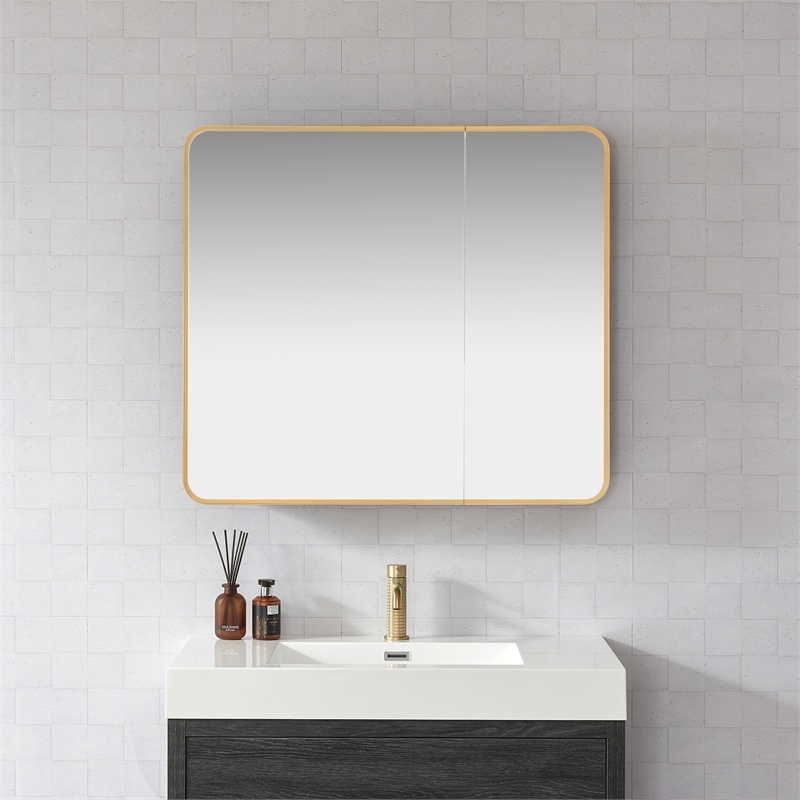 Talayuela 36 in.W x 32 in.H Aluminum Framed Medicine Cabinet in Brushed Gold