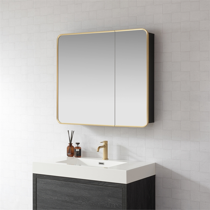 Talayuela 36 in.W x 32 in.H Aluminum Framed Medicine Cabinet in Brushed Gold