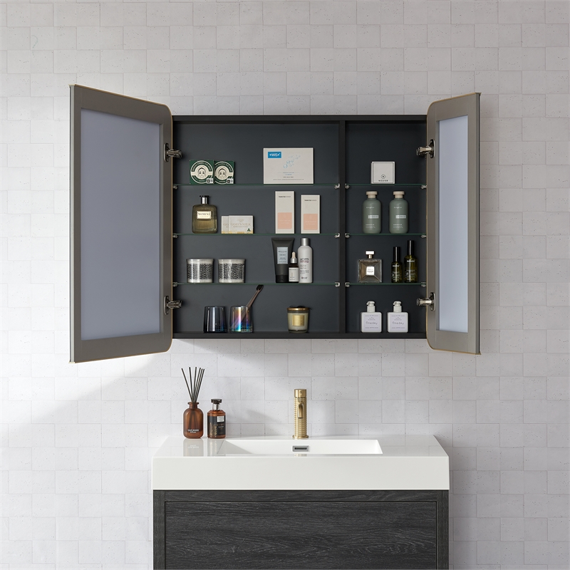 Talayuela 36 in.W x 32 in.H Aluminum Framed Medicine Cabinet in Brushed Gold