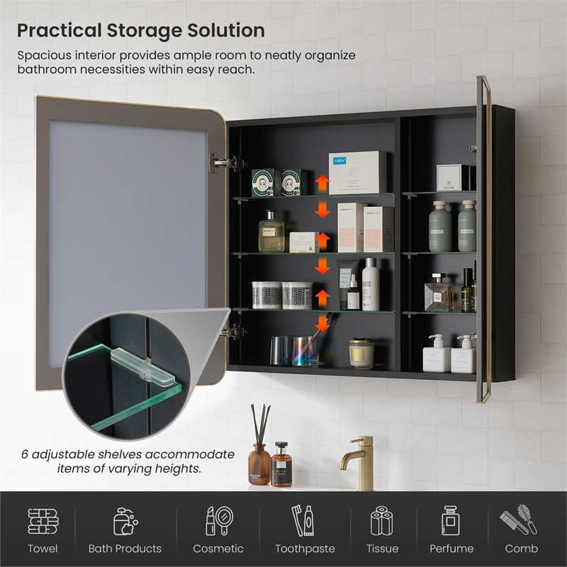 Talayuela 36 in.W x 32 in.H Aluminum Framed Medicine Cabinet in Brushed Gold