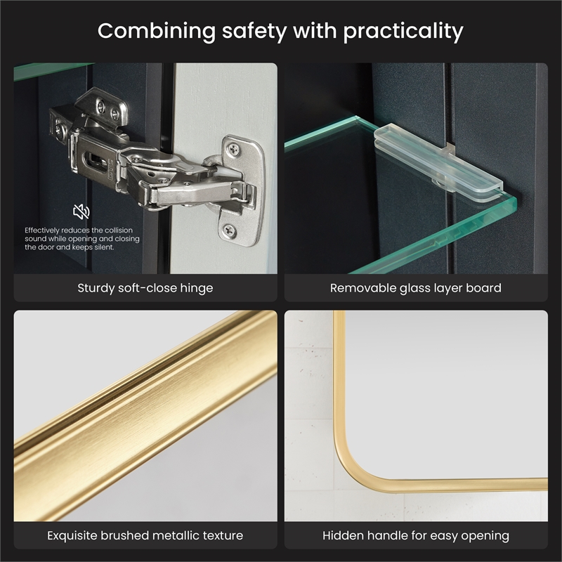 Talayuela 36 in.W x 32 in.H Aluminum Framed Medicine Cabinet in Brushed Gold