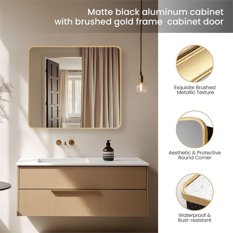 Talayuela 36 in.W x 32 in.H Aluminum Framed Medicine Cabinet in Brushed Gold