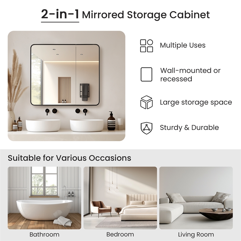 Talayuela 36 in.W x 32 in.H Aluminum Framed Medicine Cabinet in Brushed Black