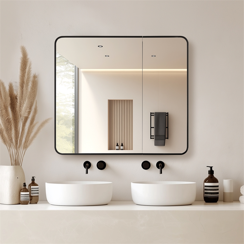 Talayuela 36 in.W x 32 in.H Aluminum Framed Medicine Cabinet in Brushed Black