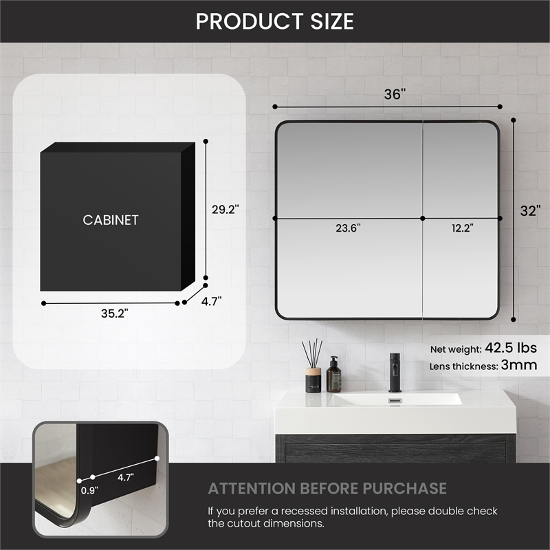 Talayuela 36 in.W x 32 in.H Aluminum Framed Medicine Cabinet in Brushed Black