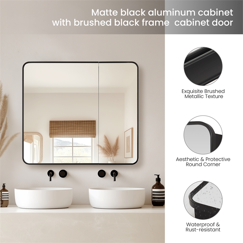 Talayuela 36 in.W x 32 in.H Aluminum Framed Medicine Cabinet in Brushed Black