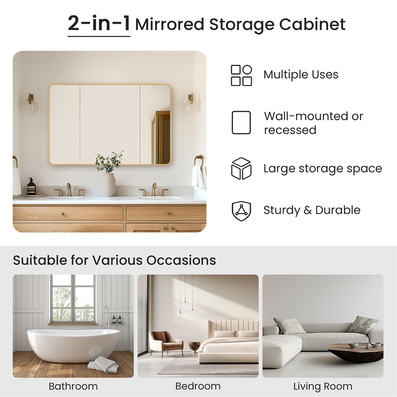 Talayuela 48 in.W x 32 in.H Aluminum Framed Medicine Cabinet in Brushed Gold