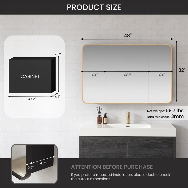 Talayuela 48 in.W x 32 in.H Aluminum Framed Medicine Cabinet in Brushed Gold