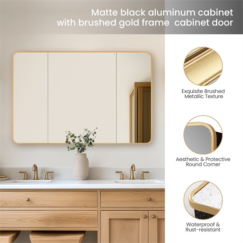 Talayuela 48 in.W x 32 in.H Aluminum Framed Medicine Cabinet in Brushed Gold