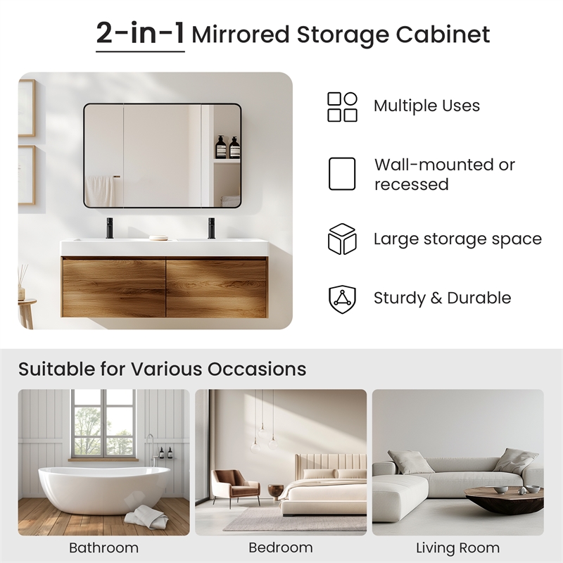 Talayuela 48 in.W x 32 in.H Aluminum Framed Medicine Cabinet in Brushed Black