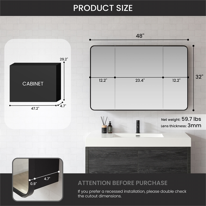 Talayuela 48 in.W x 32 in.H Aluminum Framed Medicine Cabinet in Brushed Black