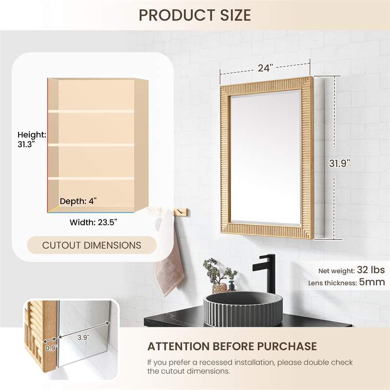 Bangalore 24 in.W x 31.9 in.H Wood Framed Medicine Cabinet in Washed Ash Grey