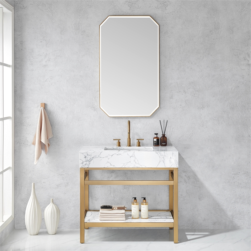 Sabadell 24 in. W x 40 in. H Octagon Metal Framed Wall Mirror in Brushed Gold