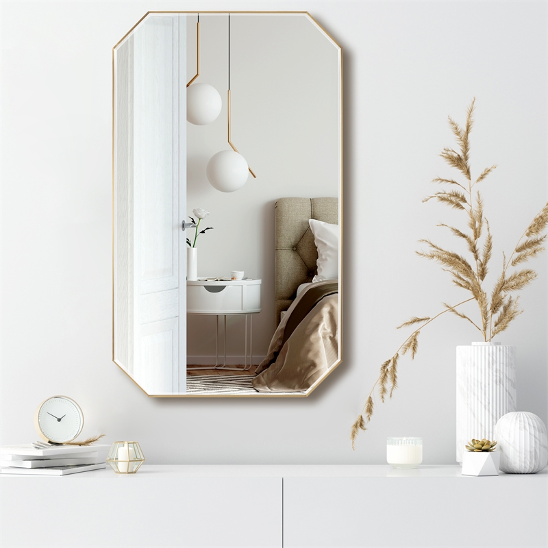Sabadell 24 in. W x 40 in. H Octagon Metal Framed Wall Mirror in Brushed Gold