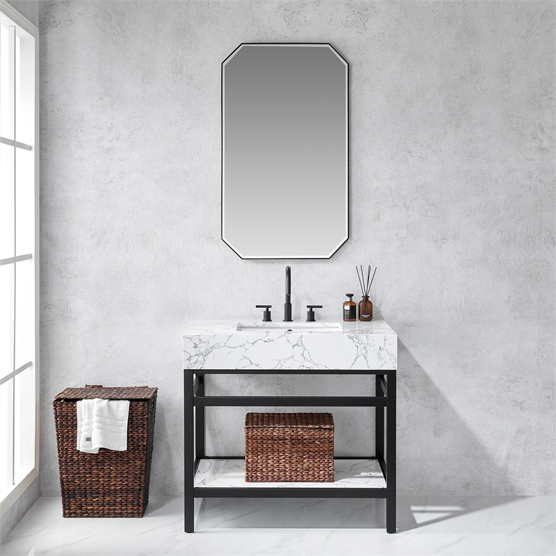 Sabadell 24 in. W x 40 in. H Octagon Metal Framed Wall Mirror in Matte Black
