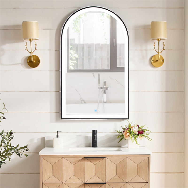 Estartit 24 in.W x 40 in.H Arch Aluminum Framed LED Bath Mirror in Brushed Black