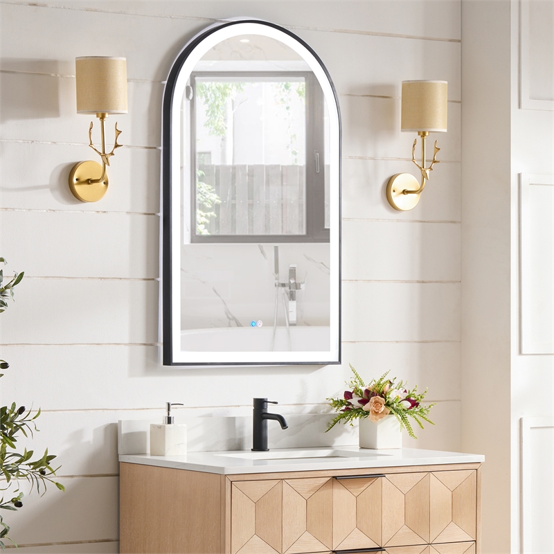 Estartit 24 in.W x 40 in.H Arch Aluminum Framed LED Bath Mirror in Brushed Black
