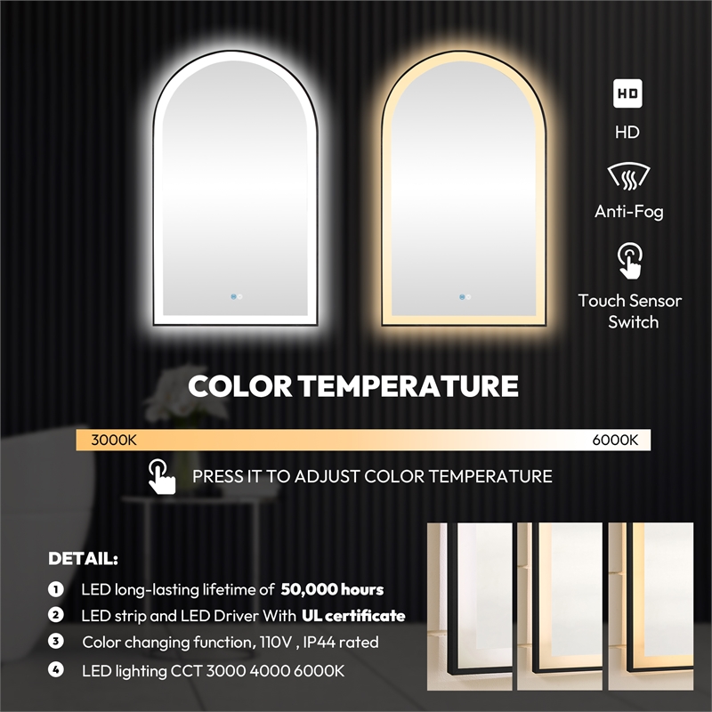 Estartit 24 in.W x 40 in.H Arch Aluminum Framed LED Bath Mirror in Brushed Black