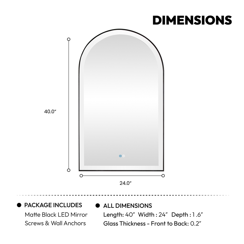 Estartit 24 in.W x 40 in.H Arch Aluminum Framed LED Bath Mirror in Brushed Black