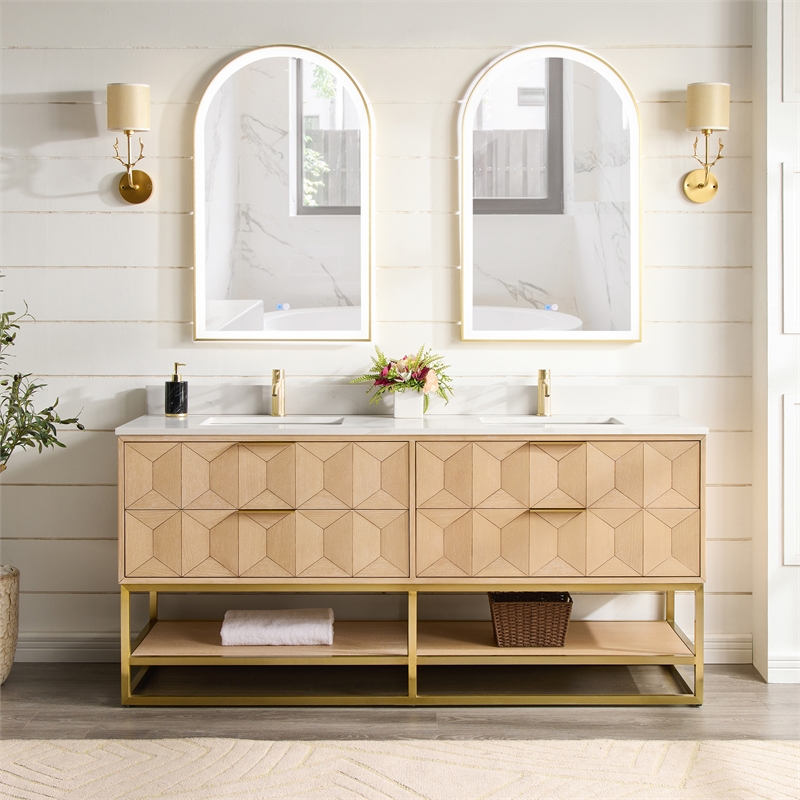 Estartit 24 in.W x 40 in.H Arch Aluminum Framed LED Bath Mirror in Brushed Gold